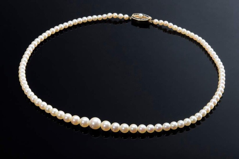Fine cultured pearl necklace in gradient, YG 585 clasp with sapphires and cultured pearl, l. 47cm, Ø 4,2-8,3mm