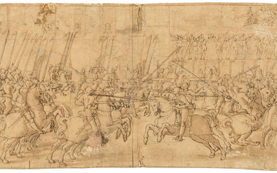 Anton Boys (or Antoni Waiss, South Netherlandish court painter and draftsman, c. 1550-1598), Circle of. Festival tournament with jousting, musicians and spectators in stands behind, pen and ink