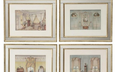 Four Prints of French Rococo and Empire Interiors in Mirrored Frames