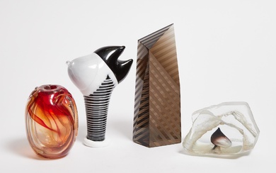 Four Studio Glass Sculptures and a Vase, Michael Baylen, Andrew Kuntz, and Two Others, 1980s