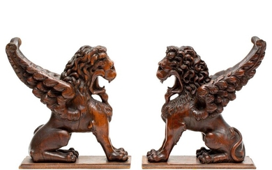 France/Italy, pair of carved oak sculptures 'Chimaera', 19th...