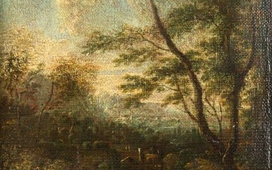 Francesco Zuccarelli (1702-1788), cerchia di - Piccolo paesaggio con pastore e viandanti