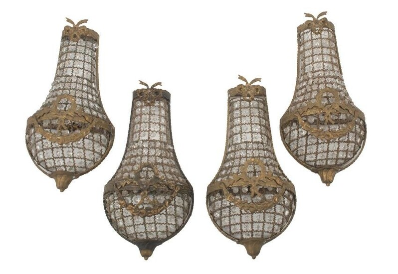 French Bronze and Beaded Crystal Wall Sconces