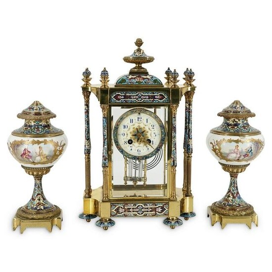 French Champleve Enamel Mantel Clock Set