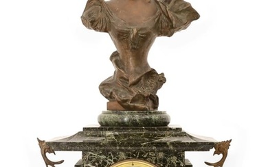 French Patinated Metal & Marble Figural Mantel Clock
