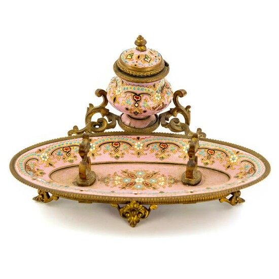French Pink Jeweled Enamel Bronze Pen Rest Inkwell