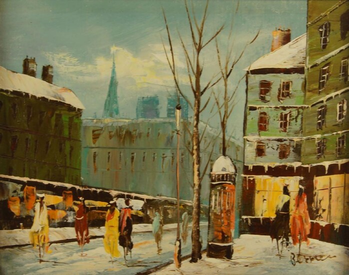 French School, mid/late 20th century- Snowy street scene; oil on canvas board, signed lower right, 19.5 x 24.5 cm