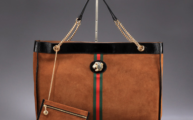 GUCCI. 'Rajah' large shopping tote/bag in brown suede with signature colors and accompanying pouch (2)