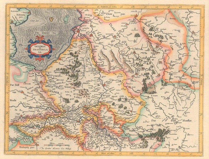 [Gelderland]. "Geldria et Transysulana". Handcol. engr. map w. cartouche, 35,5x46,5...