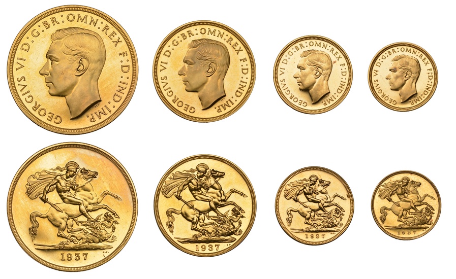 George VI (1936-1952), Proof set, 1937, comprising Five Pounds, Two Pounds, Sovereign...