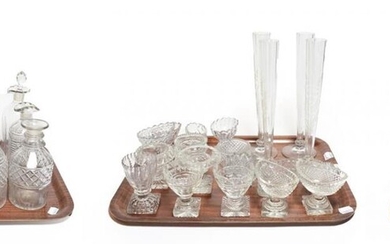 Glassware including four slender flower vases; a collection of assorted...