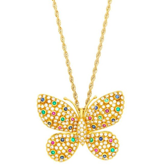 Gold, Diamond and Gem-Set Butterfly Pendant-Brooch with