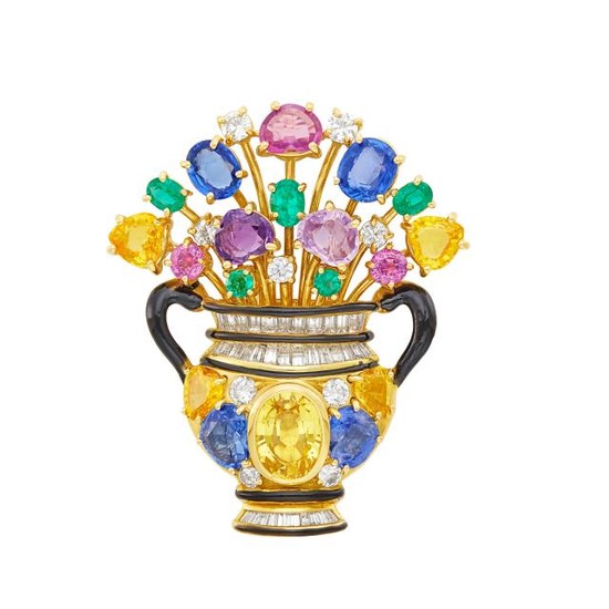 Gold, Multicolored Sapphire, Diamond and Black Enamel Flower Urn Clip-Brooch