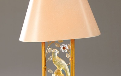 Grande lampe de table avec perroquet en verre, feuilles de verre et fleurs, années 70,...