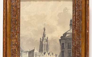 Grote Markt van Kortrijk. Ca. 1850 Wit en grijs gewassen tekening, 26 x 16,9 cm,...