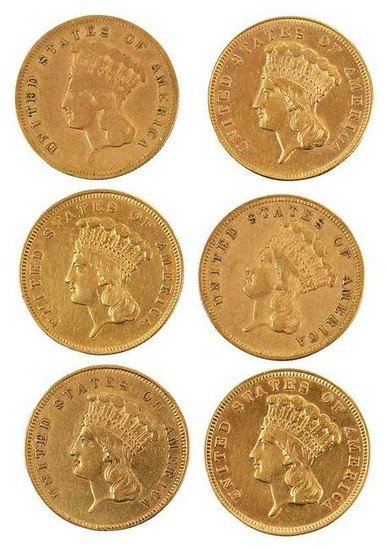Group of Six, Three Dollar Gold Coins