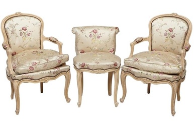 Group of Three Louis XV Style Creme Peinte Chairs, 20th c., Fauteuil- H.- 32 1/2 in., W.- 23 in., D.
