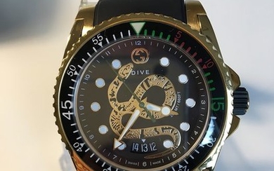 Gucci - Men’s Dive Gold Plated Snake Dial Black Rubber Strap Watch - YA136219 - Men - 2011-present