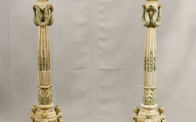 HAND PAINTED WHITE AND GREEN PEDESTALS PAIR
