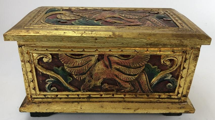 Hand Carved Hand Painted Gilt Box Phoenix Motif