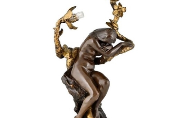 Henri Levasseur - Art Nouveau bronze lamp naked with snake and flowers