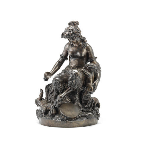 Henri Picard (French, fl. 1831-1864): A patinated bronze bacchanalian figural group of a female satyr and two infant satyrs cast after Claude Michel called 'Clodion' (French, 1738-1814)