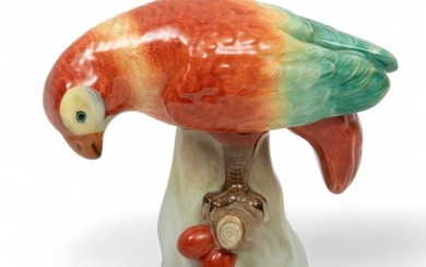 Herend Porcelain Manufactory (Hungarian) Painted Porcelain Parrot with Cherries, H 5.75" W 6.5"