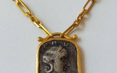 Heritage Jewelry By Bars - 24 kt. Gold, Silver - Necklace with pendant, Ancient Jewelry,Handcrafted Roman Coin Necklace - 0.02 ct Diamond