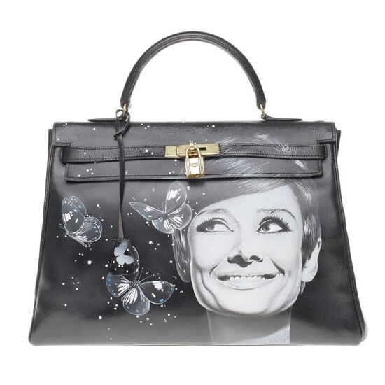 Hermès - Kelly 35 retourné en cuir box noir customisé "Butterflies by Kelly" # 68 par PatBo Crossbody bag