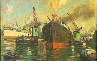 Hollandse School: de haven van Rotterdam, olieverf op doek, derde...