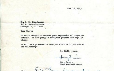 Hugh Devore Signed TLS Autographed Notre Dame Head Coach D:1992 PSA/DNA
