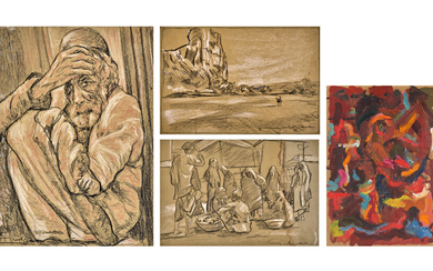 ISMAIL GULGEE (1926-2007) Untitled (Old Man); Untitled (Desert); Untitled (Market Scene); Untitled (Color Swatch)