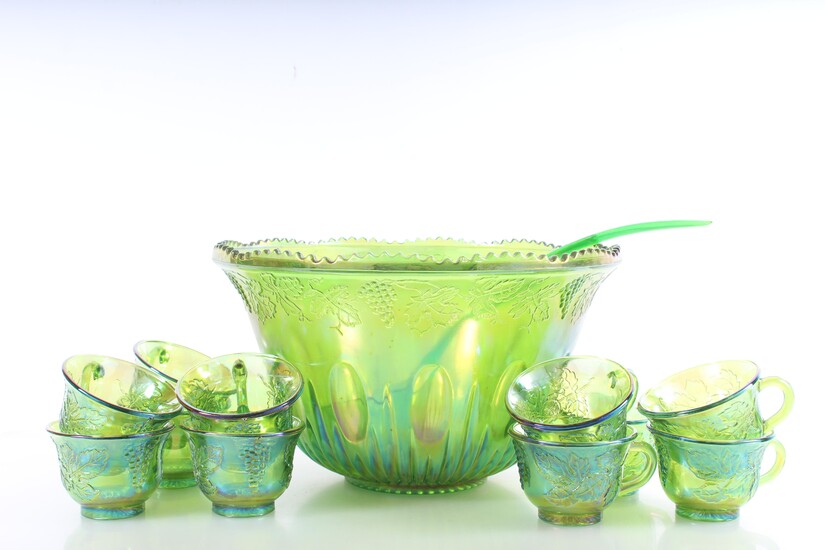 Indiana Glass "Princess Green Carnival" Punch Bowl With Cups & Ladle