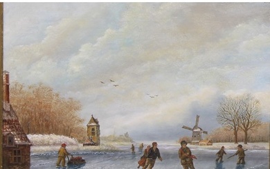 J Van Oustade (Dutch, 19th century) Skating on a Frozen Rive...