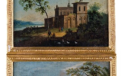 Jacob Van Lint (stile di) Pair of landscapes with wayfarers and architecture