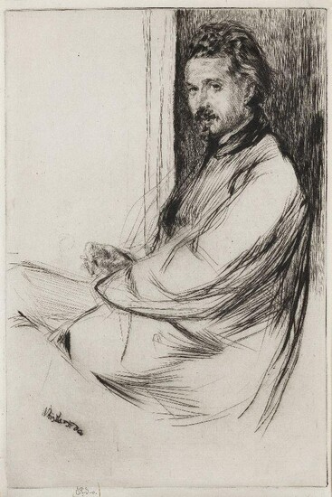James Abbott McNeill Whistler, American 1834-1903- Portrait of Axenfeld; etching, signed in pencil with the artist's butterfly monogram (in the lower margin), inscribed â€˜Whistler 1860â€™ (in the plate), further signed and inscribed â€˜fine...
