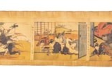 Japanese Erotic Woodblock Hand Scroll Ca. 19th.c., W 7.7" L 47"