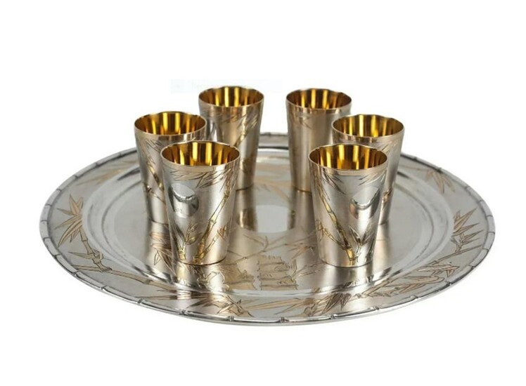 Japanese Gilt 800 Solid Silver Sake Tray and Cups