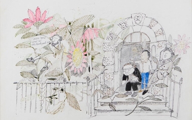 John Burningham, British 1936-2019 - Hello Kew We're at 30, Bedford Square; ink and pencil on paper, 25.1 x 35.3 cm (ARR) Note: with a label attached to the reverse stating 'one of a series commissioned for Cape seasonal list covers'. The title is...