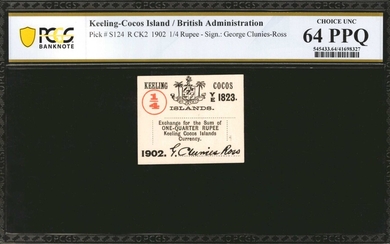 KEELING COCOS. British Administration. 1/4 Rupee, 1902. P-S124. PCGS Banknote Choice Uncirculated 64 PPQ.