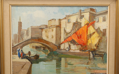 KNUT NORMAN. Oil on panel, “Venice with bridge”, signed.