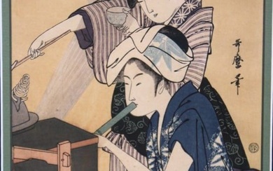 Kitagawa Utamaro "Kitchen Scene". Two women working in the kitchen. 1794-95. Woodblock print.