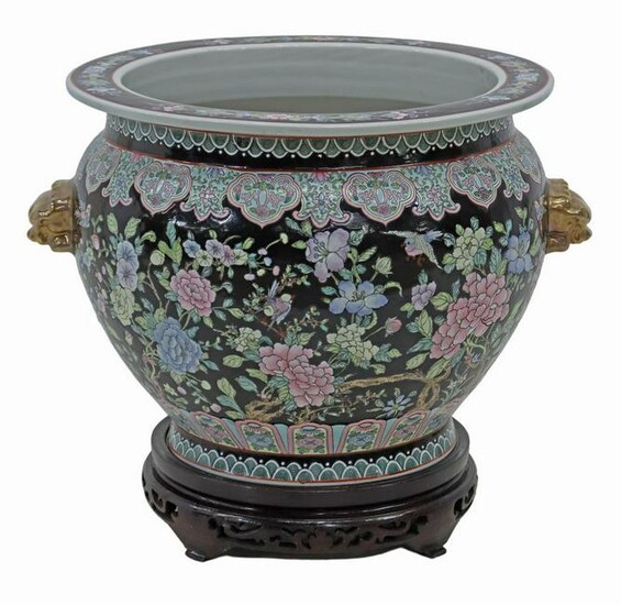 LARGE CHINESE FAMILLE NOIR FISHBOWL ON STAND
