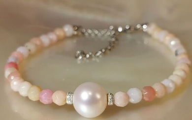 #LOW RESERVE PRICE # - 925 Akoya pearl, Saltwater pearls, Silver, Black spinels faceted - Bracelet - Opals