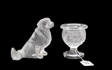 Lalique Golden Retriever Dog & 'Tete De Lion' Vase - Two Lalique France clear and frosted crystal