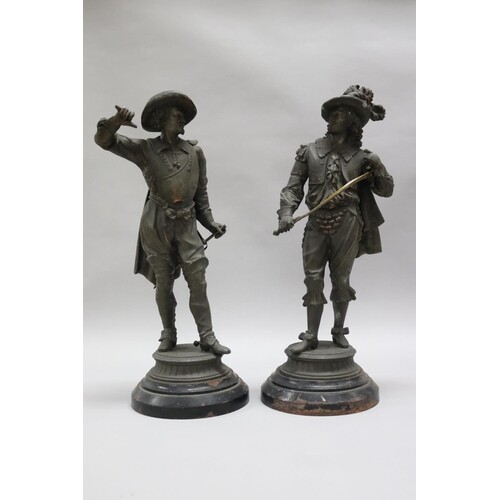 Large pair of 19th century spelter figures of cavaliers stan...