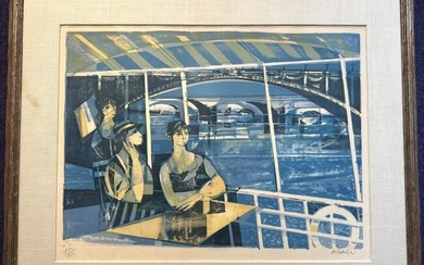 Lithograph by Camille Hilaire of women on ship, c1975