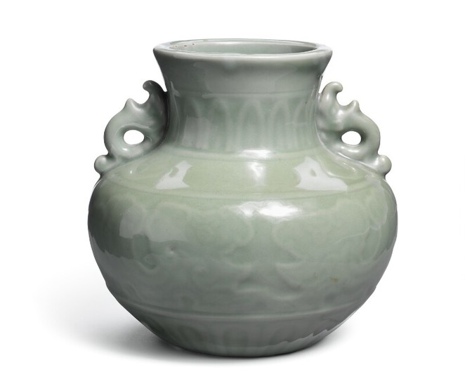 Longquan celadon globe-shaped vase with two handles, decoration in relief with palmetto border, leaves and portal-shaped design. Ming-early Qing