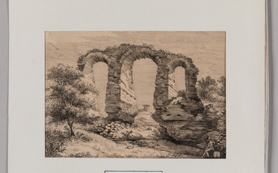 Lot 21 Jean Baptiste HUGON (Lyon 1797 - 1860) Ruines d'un aqueduc romain Plume et encre noire, lavis noir et gris 14 x 20 cm RM