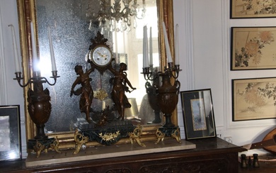 Lot d'une grande horloge de cheminée intitulée "Printemps" d'Auguste Moreau (1834-1917) avec 2 candélabres à...